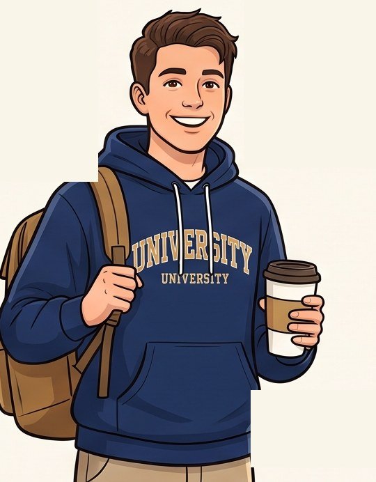 Estudiante sonriendo camino a clase con un café