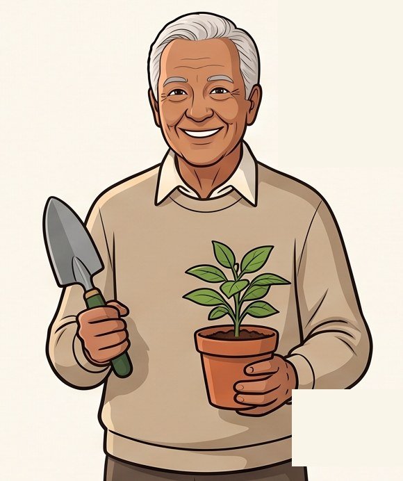 Señor sonriendo con una planta y una pala de jardín