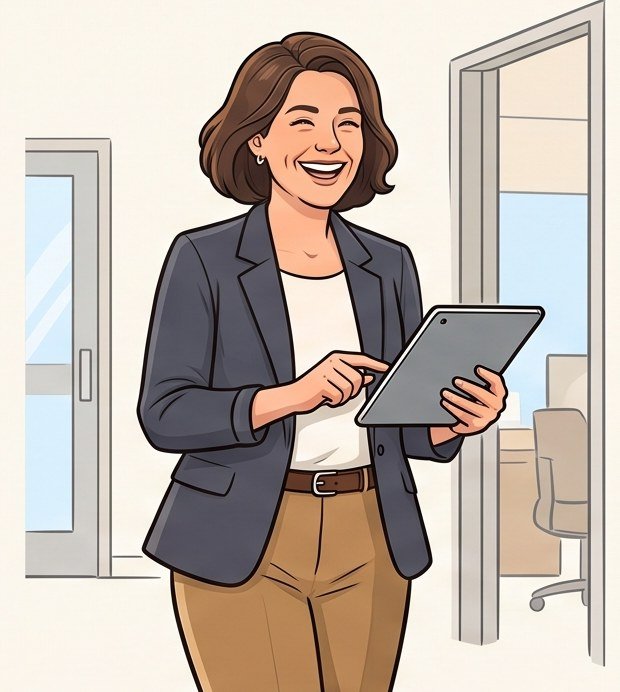 Mujer sonriendo con una tableta en la oficina