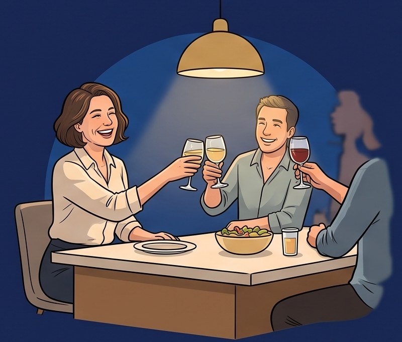 Amigos brindando y riendo en una cena