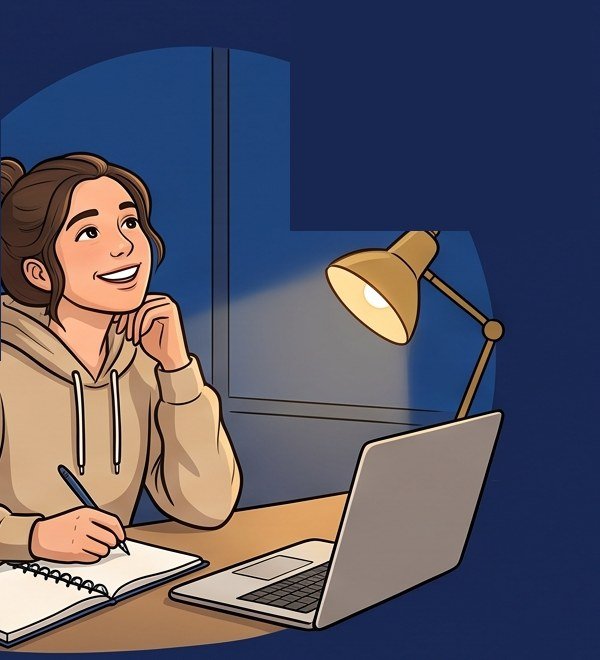 Joven estudiando tranquila de noche junto a una lámpara