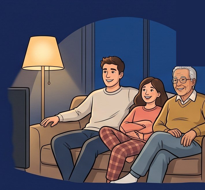 Familia de tres generaciones conviviendo en el sillón